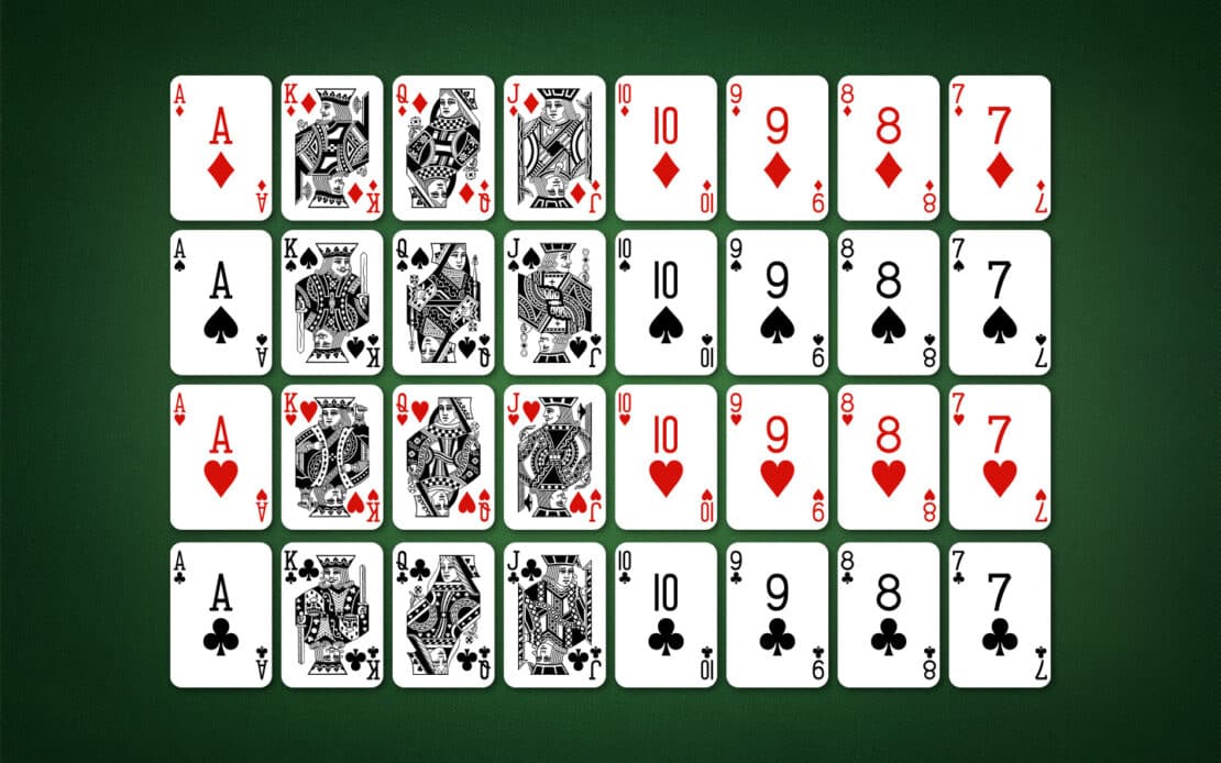 Baloot: 32 playing cards in four suits